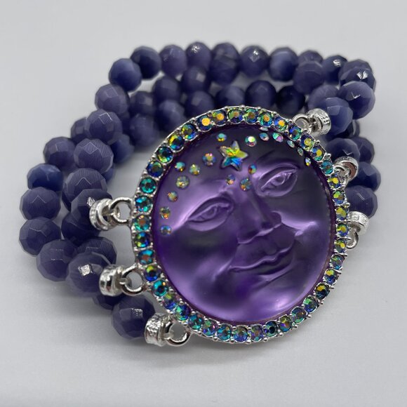 Kirks Folly Seaview Moon Bracelet Purple Rhinestone Crystal Bead Stretch RARE - Picture 2 of 6